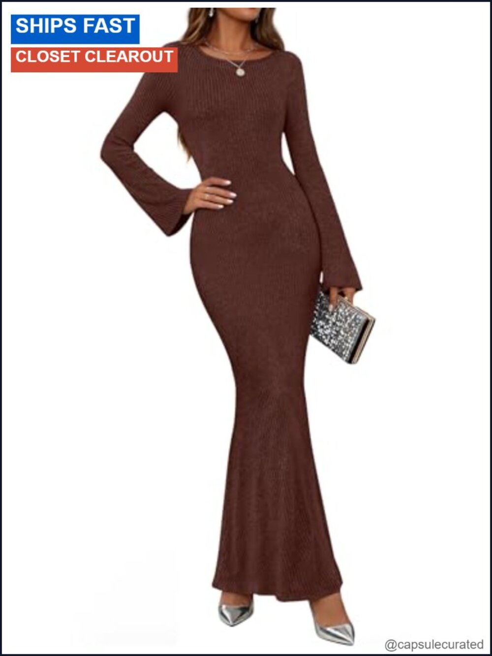 Womens Sweater Maxi Dress Long Bell Sleeve Bodycon Ribbed Knit